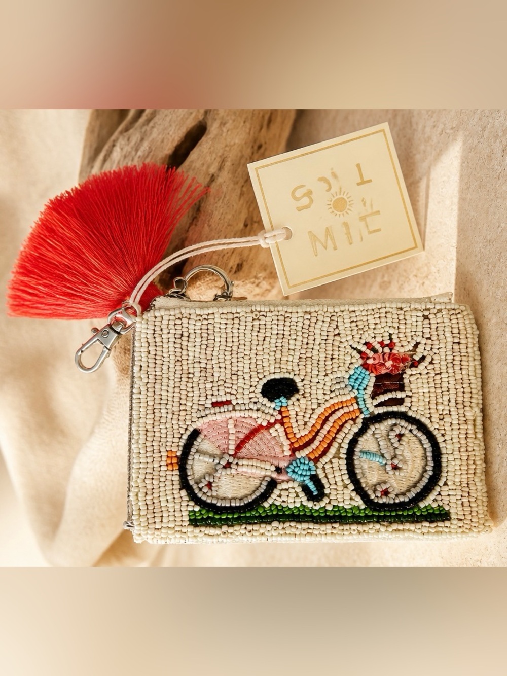 Sol and Mer Beaded Bicycle Wristlet Pouch in Cream, Red, Pink, Blue
